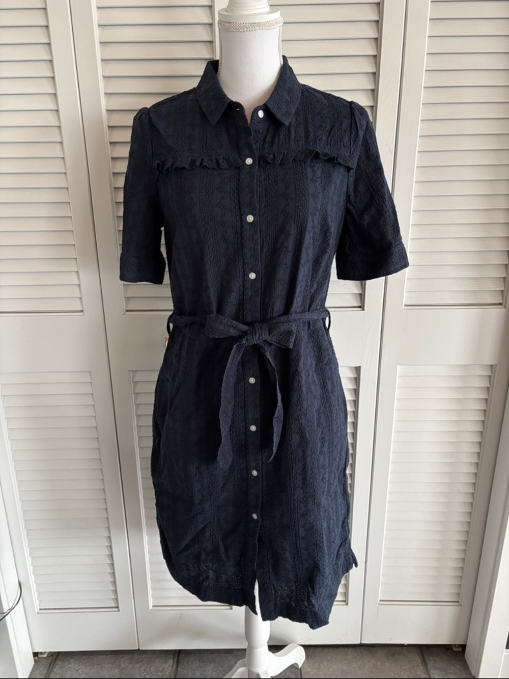 Barbour Hallie Dress Women’s Navy Blue Midi Cotton Button Up Ruffle Tie Size 8
